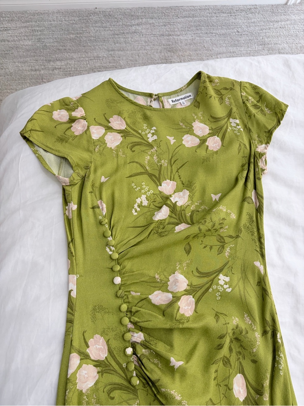Reformation Olive Green Dress with Pale Pink Floral Print